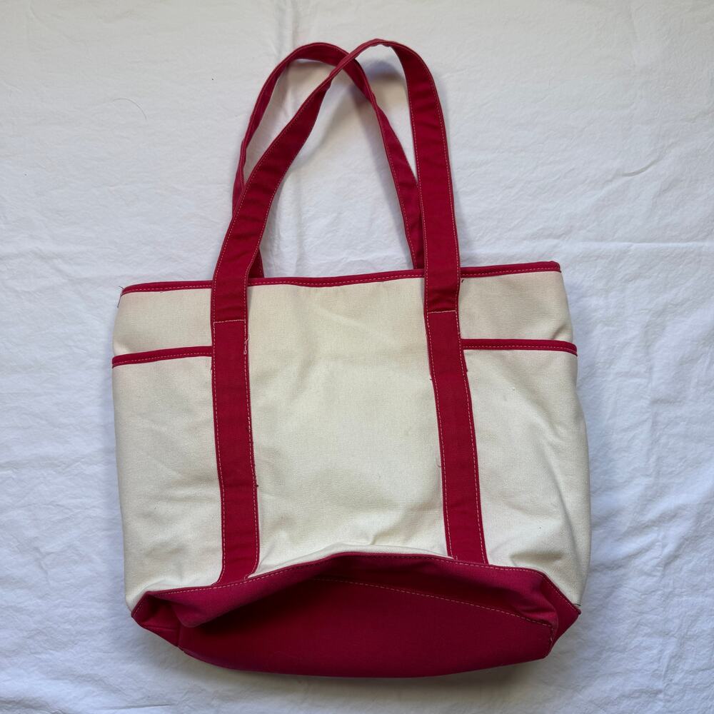 Canvas Boat Tote Cream Red Zip Top Lined EUC Cotton Preppy Pool Bag